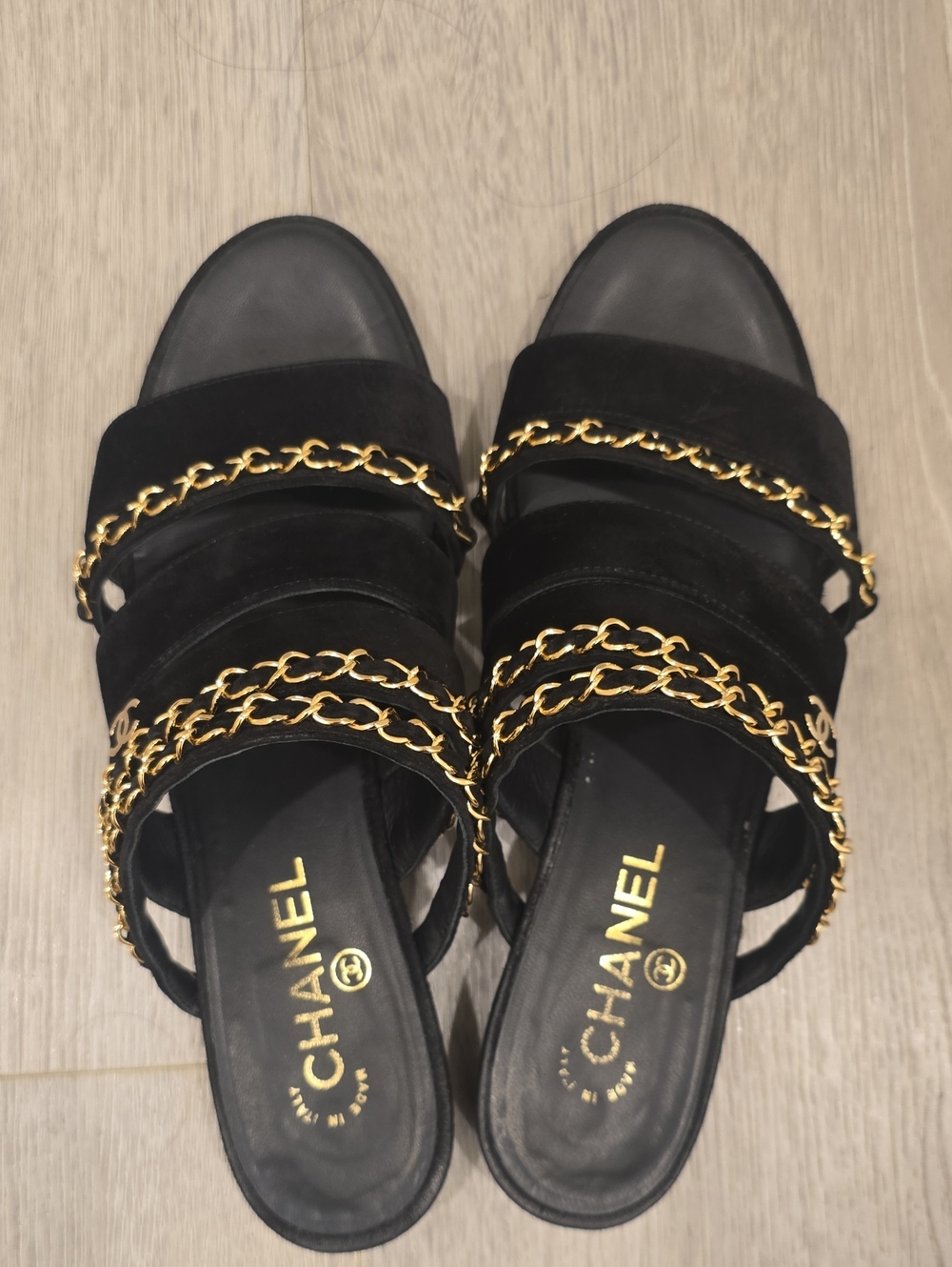 CHANEL Black Suede Slide Mules with Gold Chain Trim